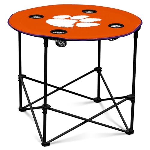 Logo Brands Clemson Tigers Round Tailgating Table – Portable Folding with 4 Cup Holders, 27.6" Diameter
