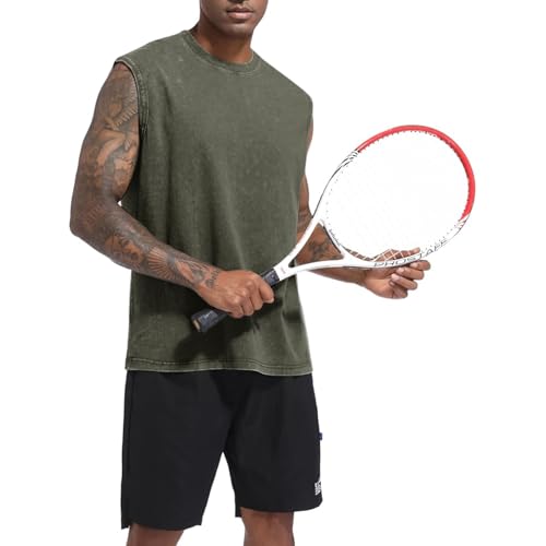 Mens Cotton Workout Tank Top - Acid Wash Sleeveless Tee, XX-Large A-army Green