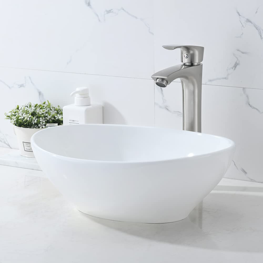 Oval Vessel Sink with Faucet and Drain Combo -Bokaiya 16x13 White Bathroom Sink Above Counter Oval Sink Porcelain Ceramic Vessel Sink Art Basin