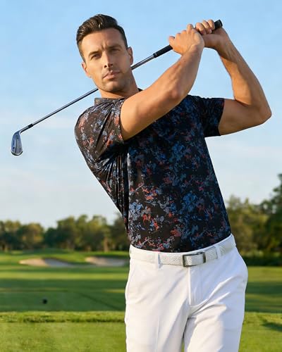 Hawaiian Golf Polo Shirt for Men - Short Sleeve, Large Black Multi Splatter