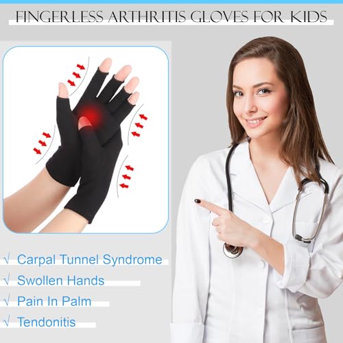 Kids Compression Gloves 4 Pairs, Fingerless Hand Support for Ages 8-15