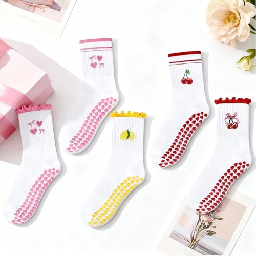 Yoga Grip Socks for Women - Cute Embroidery Pattern, Pink Ruffles