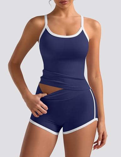 OLCHEE Women's 2-Piece Workout Set Navy Small Yoga & Lounge Outfit