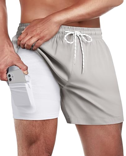 Gleeease 5 Inch Men's Swim Trunks with Compression Liner - Light Grey, Medium