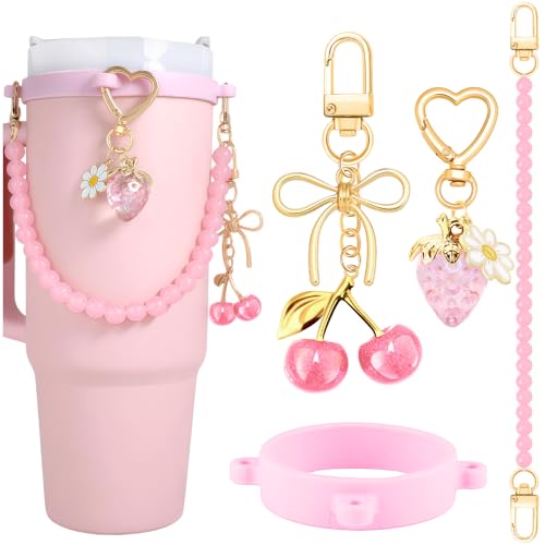 Cute Pink Water Bottle Accessories Set with Handle & Charms - Bb-pink