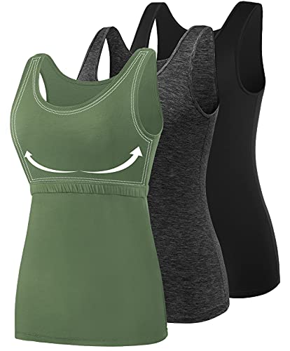 AMVELOP Women’s Tank Tops with Built-In Bra - Cotton Shelf Bra Layering Undershirts 2-3 Pack (Large, 3-Color Set: Black/Dark Gray/Amygreen)