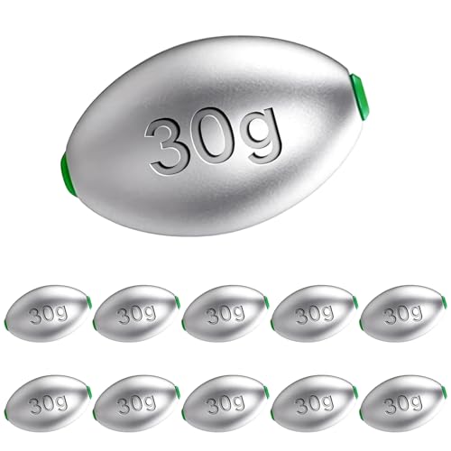 30g Egg Lead Fishing Weights - Oval Shape, 10pcs Assorted Sizes