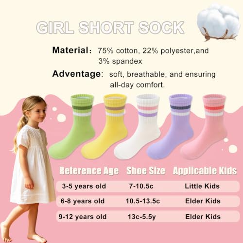 Girls Crew Socks - 10 Pairs Athletic Cotton Lightweight 3-5T Multicolor