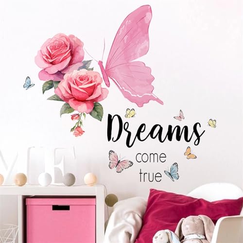 Pink Rose Butterfly Inspirational Quotes Wall Stickers, sacinora DIY Dreams Come True Wall Decals Removable Vinyl Peel and Stick for Living Room Bedroom Kids Baby Nursery Art Decorations