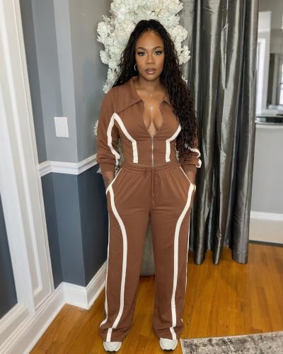 Ophestin Women's Brown Medium 2-Piece Tracksuit Set with Striped Jacket & Long Pants