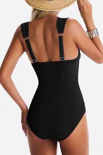 EVOCRCO Women's Black Medium One-Piece Tummy Control Swimsuit with Wide Straps