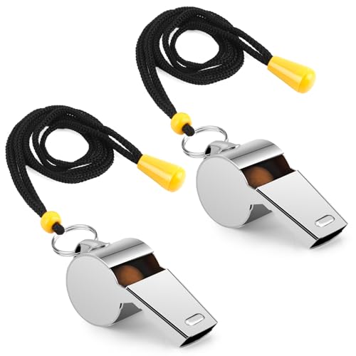Stainless Steel Coach Whistle with Lanyard - Loud Referee Whistle - 2 PCS
