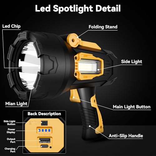 Polisak 2,000,000 Lumen Rechargeable LED Spotlight with Tripod for Camping, Boating, and Outdoor Search