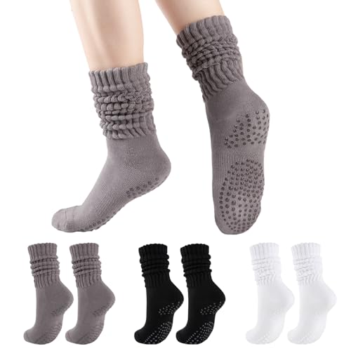 Grip Pilates Socks for Women - 3 Pairs Scrunch Crew Socks - White/Grey/Black