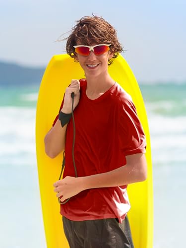 Boys Neon Rash Guard - UPF50+ Short Sleeve Shirt, Bright Red, 10-12 Years