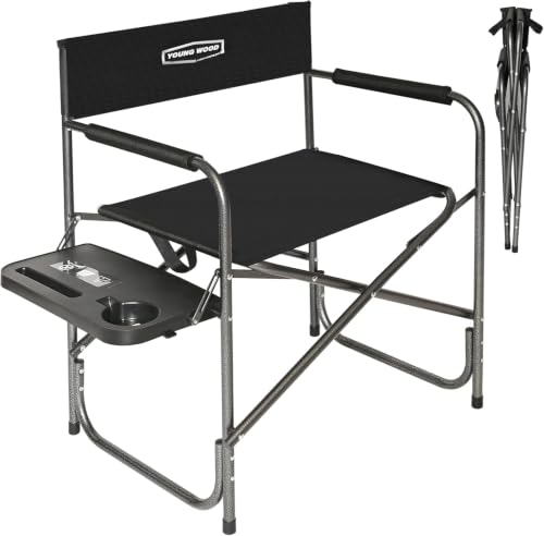 YOUNG WOOD IP Camping Directors Chair with Side Table & Storage - Lightweight Foldable Outdoor Chair Supports 400lbs, Black