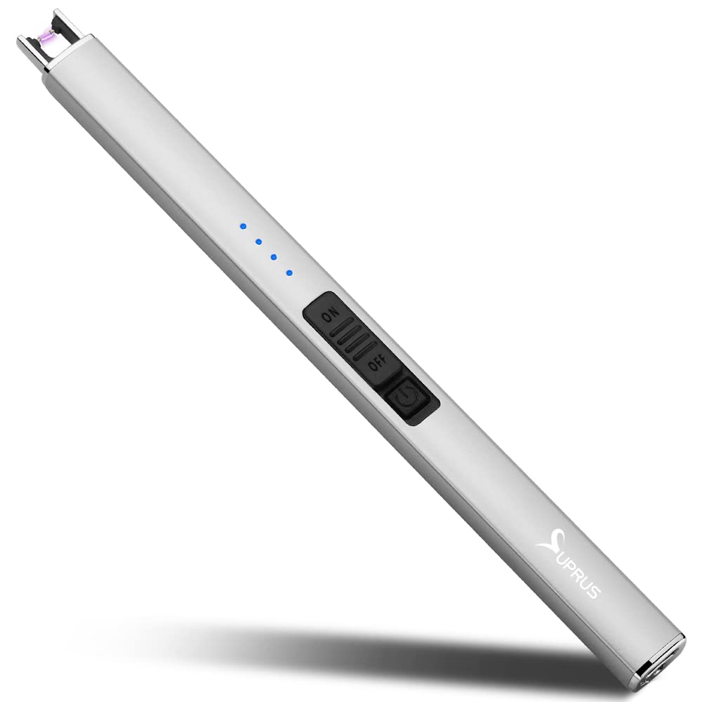 SUPRUS Electric Lighter Arc Windproof Flameless USB Rechargeable Lighter with Safety Lock for Candle BBQ Camping (Silver)