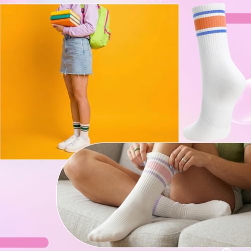 Striped Athletic Crew Socks for Women - 6 Pairs in Orange, Blue, Green, Pink