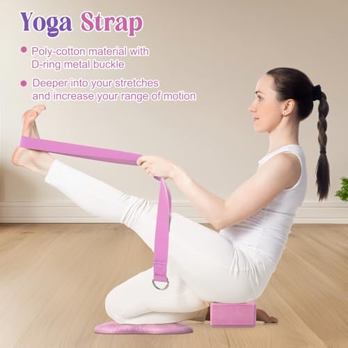 Yoga Block and Knee Pad Set with Strap - 5 Pcs - Pink
