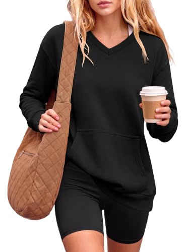 ANRABESS Women's V-Neck Long Sleeve Sweatshirt Large Black Cozy Casual Top