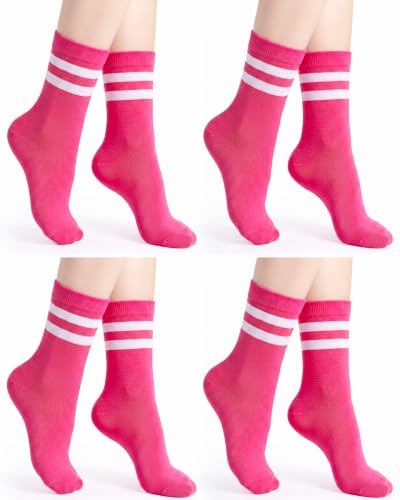 Syhood Unisex Crew Socks - 4 Pairs Casual Athletic Socks in Hot Pink & White