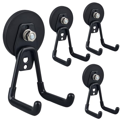 ULIBERMAGNET Heavy Duty Magnetic Garage Hooks,4 Pack Strong Large Magnet Hook for Power Drill,Garden Tools,Hose,Pegboard,Garage, Workshop,Magnetic Storage Hooks for Indoor Outdoor Hanging(Black)