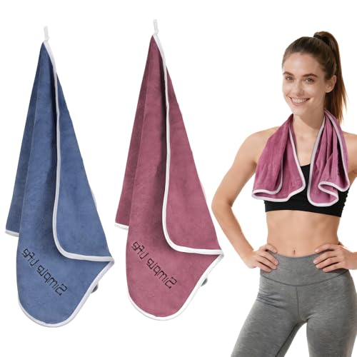 Microfiber Gym Towel Set - 14x30 Inch Quick Dry Sweat Towels - Blue & Pink