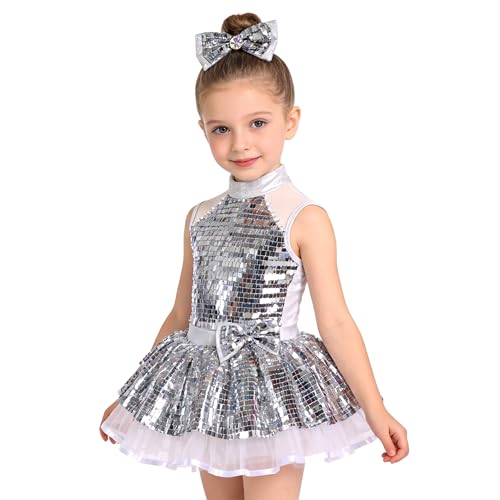 Girls Sequin Sparkly Ballet Tutu Dress - Kpop Costume for 4-6 Years, Silvery