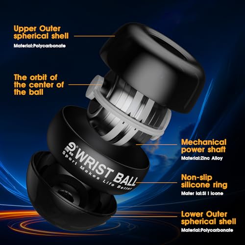 Gyro Ball Wrist Trainer - Auto-Start Gyroscopic Forearm Exerciser - Pure Black No Light