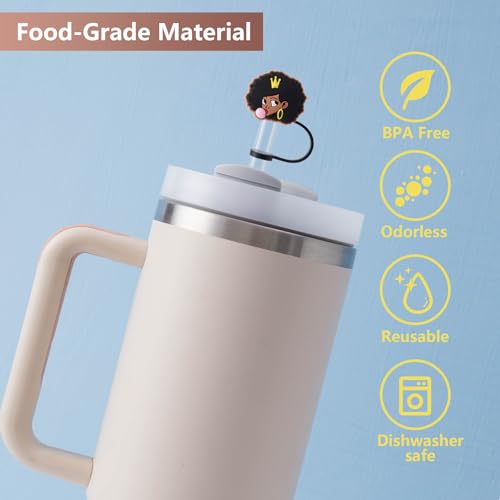 Cute Black Girl Straw Cover Caps - 6 Pack for Stanley Cups