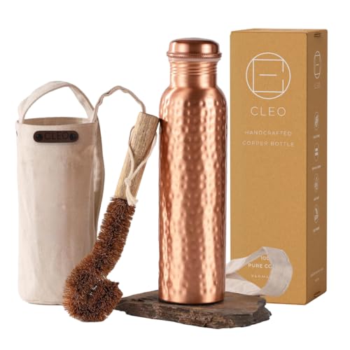 Pure Copper Water Bottle 32 Oz with Hammered Finish, Leak-Proof with Canvas Bag & Brush