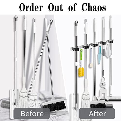 2 Pack Mop and Broom Holder Wall Mount, 5 Racks and 4 Hooks Broom Organizer Storage Tool Racks Stainless Steel Heavy Duty Hooks Self Adhesive Solid Non-slip for Home Kitchen Garden Laundry Garage