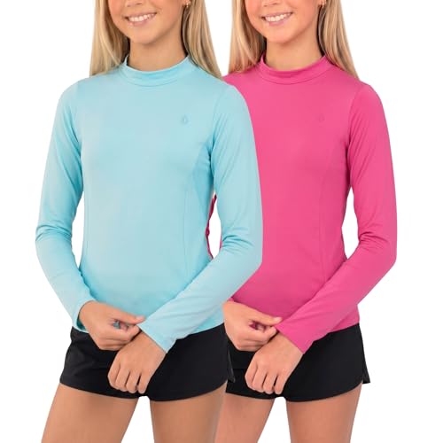 Girls Rash Guard 2-Pack - Long Sleeve UPF 50+ Sun Protection - Aqua