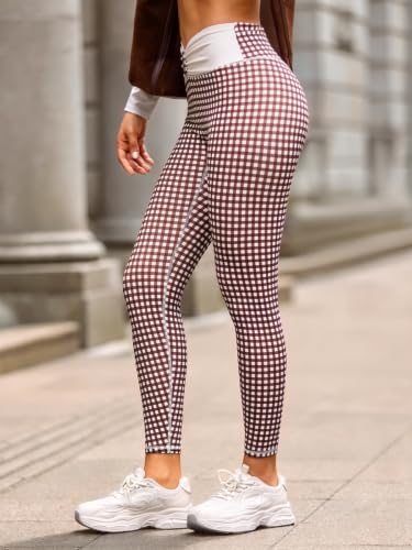 Aoysky Women's Plaid Ruched High Waist Yoga Leggings Large Brown No Front Seam