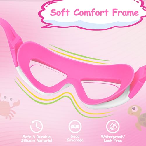 Pink Kids Swim Goggles for Ages 3-12 with Ear & Nose Plugs, Wide View Anti-Fog No Leak - 1 Pack