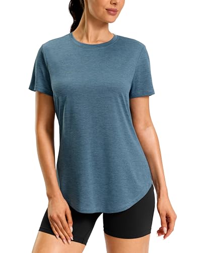 Women's Workout Shirt Bum-Covering Length Short Sleeve Lightweight Dry Fit Large Grey Blue