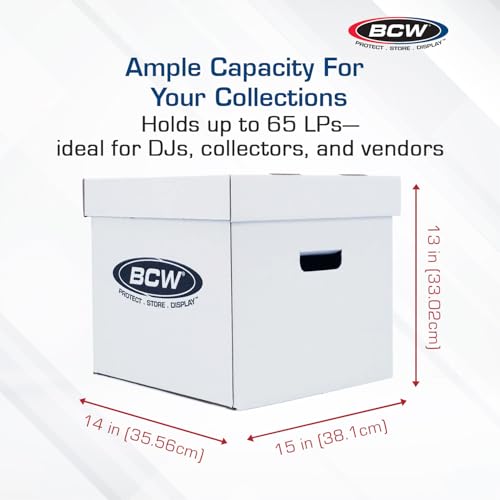 BCW Vinyl Record Storage Boxes 3 Pack – Holds 65 LPs Each, Stackable with Handles