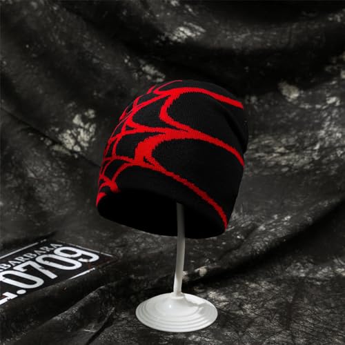 Y2K Spider Beanie Hat - Warm Acrylic Knit Skull Cap - Black Red