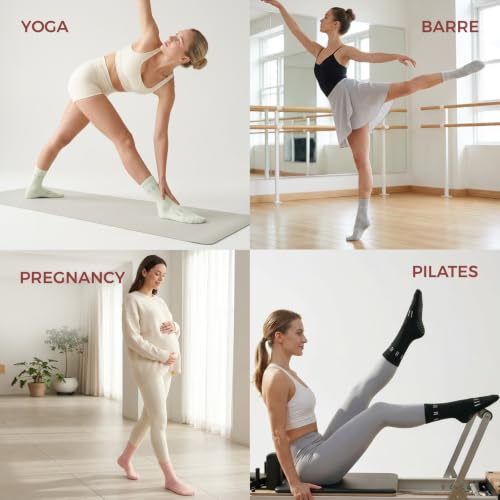 Non-Slip Pilates Socks for Women - 5 Pairs, Size 5.5-10 - Apricot, Light Green, Pink, Light Gray, Black