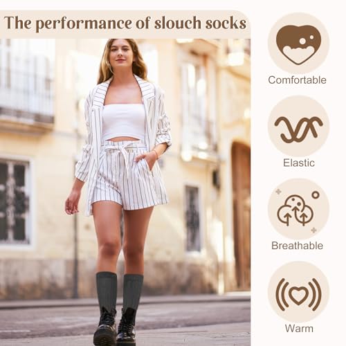 Justay 5 Pairs Slouchy Crew Socks for Women - Long Scrunch Boot Socks in Black, Dark Grey, Beige, Blue, Coffee