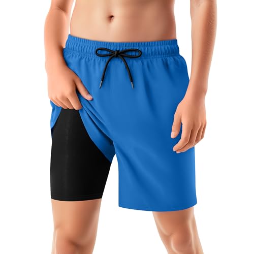 Boys Swim Trunks with Compression Liner - Dark Blue, 11-12 Years