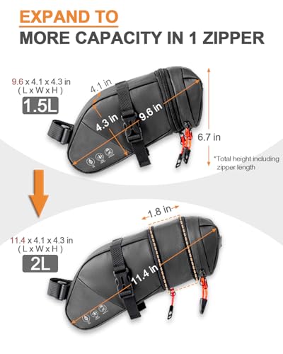 Expandable Waterproof Bike Seat Bag - Black, 1.5-2L