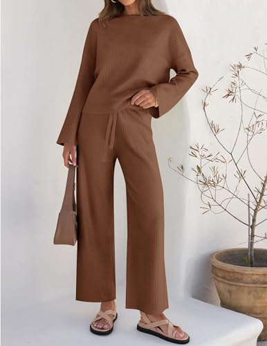 ZESICA 2-Piece Knit Sweater Set for Women, Caramel Small Loungewear Outfit