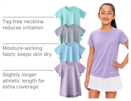 Liberty Pro Youth Girls Short Sleeve Athletic Shirts 4-Pack - Heather Lavender, Light Blue, Gray, Green, Large