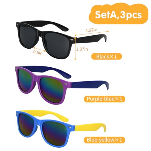 Kids Sunglasses Set - 3 Pieces, Black and Colorful Mirrored Lenses