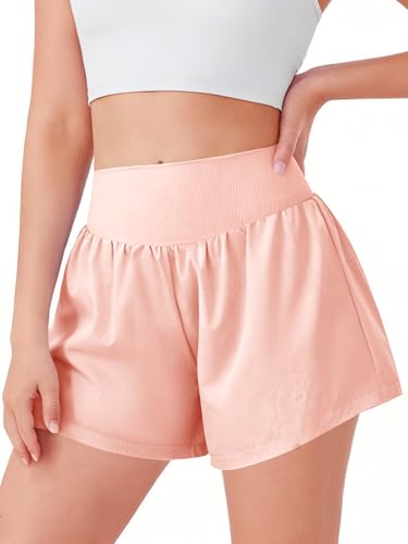 Girls High Waisted 2-in-1 Athletic Shorts Pink 11-12 Years by Haloumoning