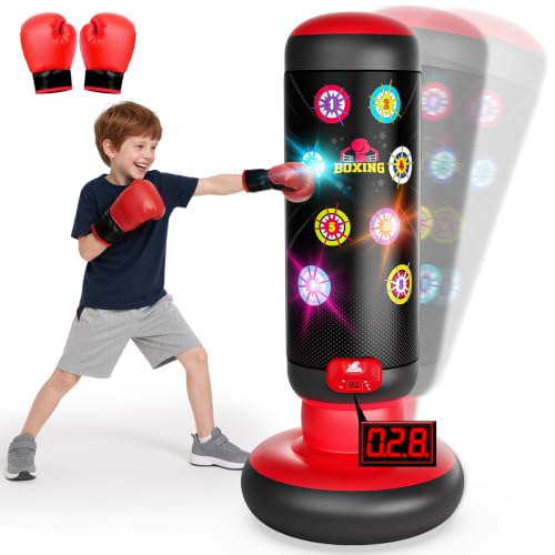 HopeRock Red Kids Boxing Punching Bag Set with Gloves, Light, Music, 4 Game Modes