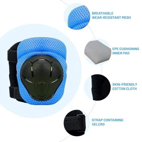 Kids Protective Gear Set - Knee Pads, Elbow Pads, Wrist Guards - Blue - Free Size (4-12 Years)