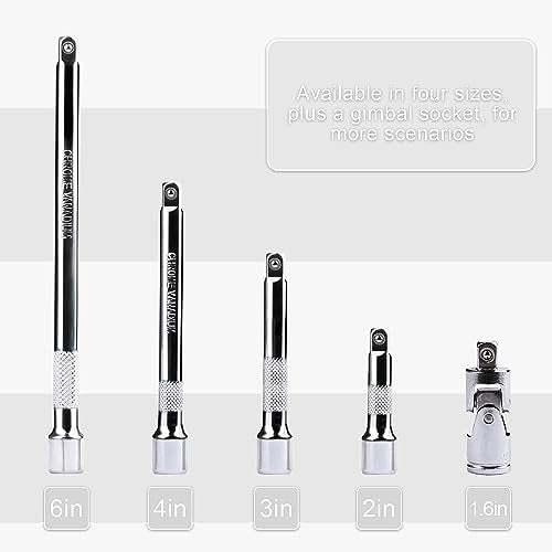 5 Pcs Extension Bar Set, 1/4" Socket Extension Set, Include 4 Pcs Extensions(2"/50mm, 3"/75mm, 4"/100mm, 6"/150mm) and 1 x 1/4 Inch Drive Universal Joint Socket, Chrome Vanadium Steel