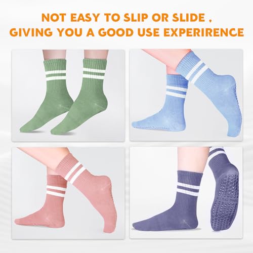 Non-Slip Pilates Grippy Socks for Women - One Size, 4 Pairs (Blue, Green, Purple, Pink)